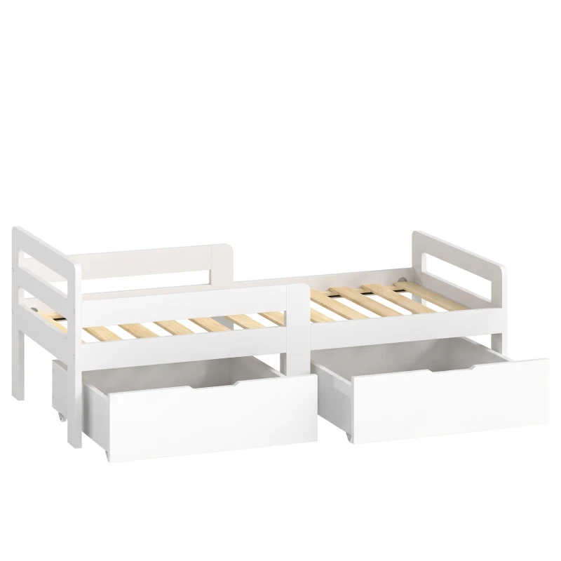 AIYAPLAY Wooden Kids Bed Frame with 2 Storage Drawers and Guard Rails for Ages 4-14, 144 x 76 x 57 cm (No Mattress), White