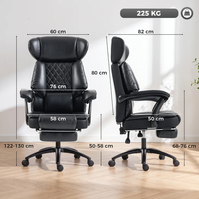 HOMCOM Scaun de Birou pentru Persoane Mari, Scaun de Conducere Ergonomic din PU 225 Kg, Tetieră Reglabilă, Negru