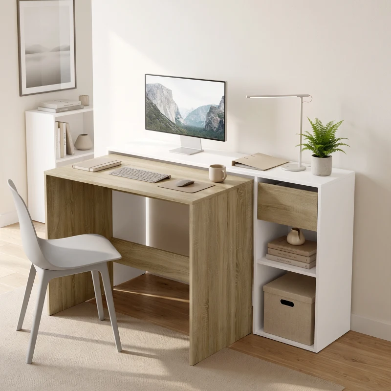 HOMCOM Einschiebbare Schreibtische 2er-Set, Computertisch 80/117 cm mit Schublade und offenen Regalen, Weiß und Eiche