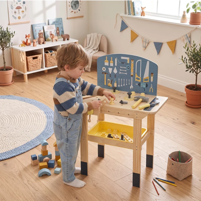 AIYAPLAY Établi en Bois pour Enfants avec 28 Accessoires, Boîte de Rangement, Établi d'Imitation dès 3 à 8 Ans, Naturel