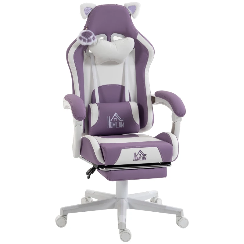 HOMCOM Ergonomischer Gaming-Stuhl mit Katzenohren, Fußstütze, Lenden- und Nackenstütze, Violett
