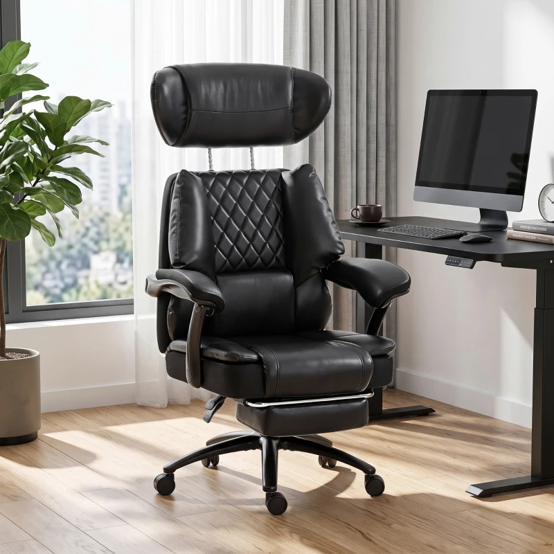 HOMCOM Scaun de Birou pentru Persoane Mari, Scaun de Conducere Ergonomic din PU 225 Kg, Tetieră Reglabilă, Negru