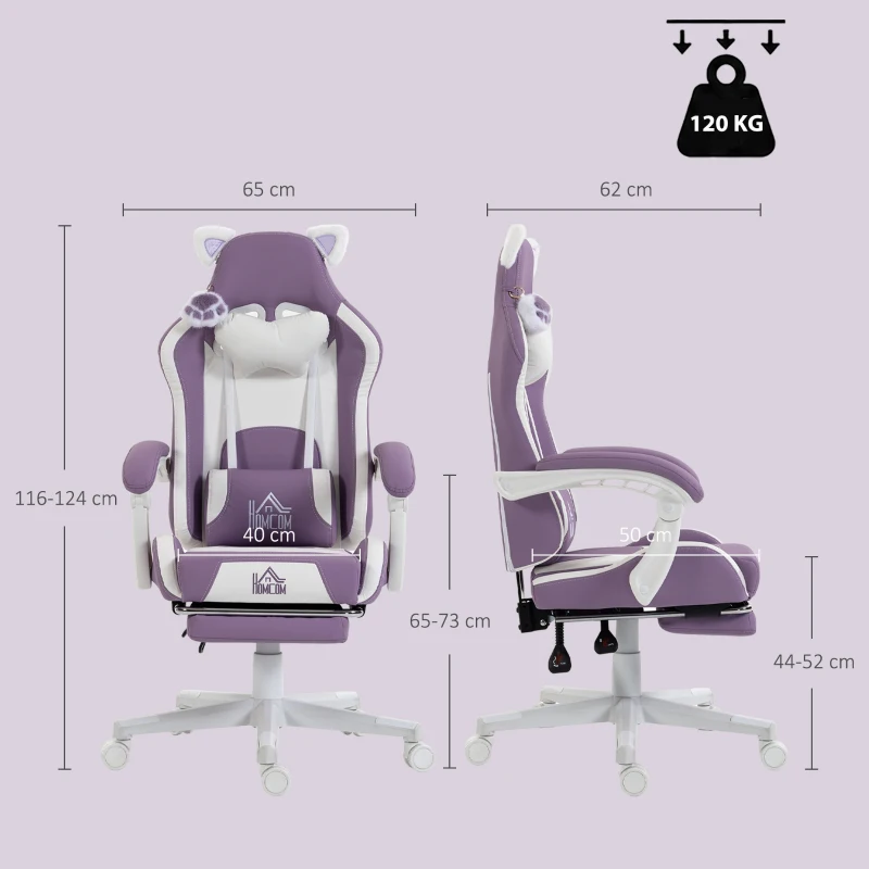 HOMCOM Cadeira Gamer Ergonômica com Orelhas de Gato, Apoio para Pés, Suporte Lombar e Cervical, Roxa