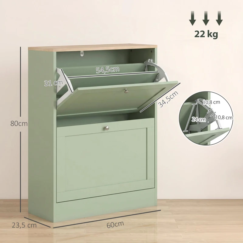 HOMCOM Mueble Zapatero 12 Pares, Armario Zapatero Estrecho con 2 Cajones, Baldas Ajustables, 60 x 23,5 x 80 cm, Vert