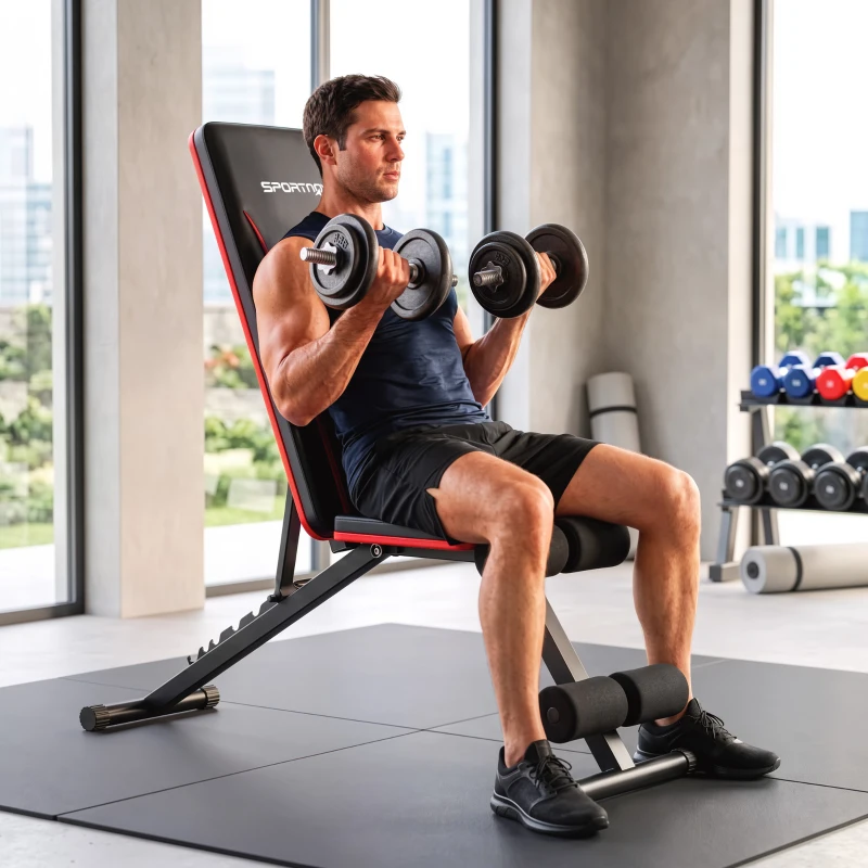 SPORTNOW Banco de Musculación Plegable con Respaldo Ajustable 7 Niveles Extensión de Pierna Bandas para Casa Gimnasio Negro