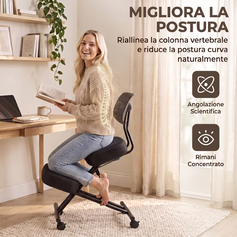 HOMCOM Sedia Ergonomica Posturale Regolabile con Schienale E Ruote Nero
