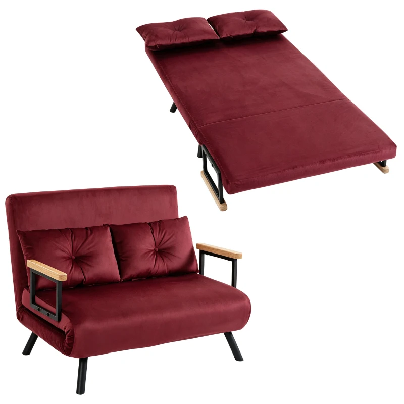 HOMCOM Canapé-lit 3 en 1 en tissu effet velours avec dossier réglable et 2 coussins, 102x73x81 cm, Rouge vin