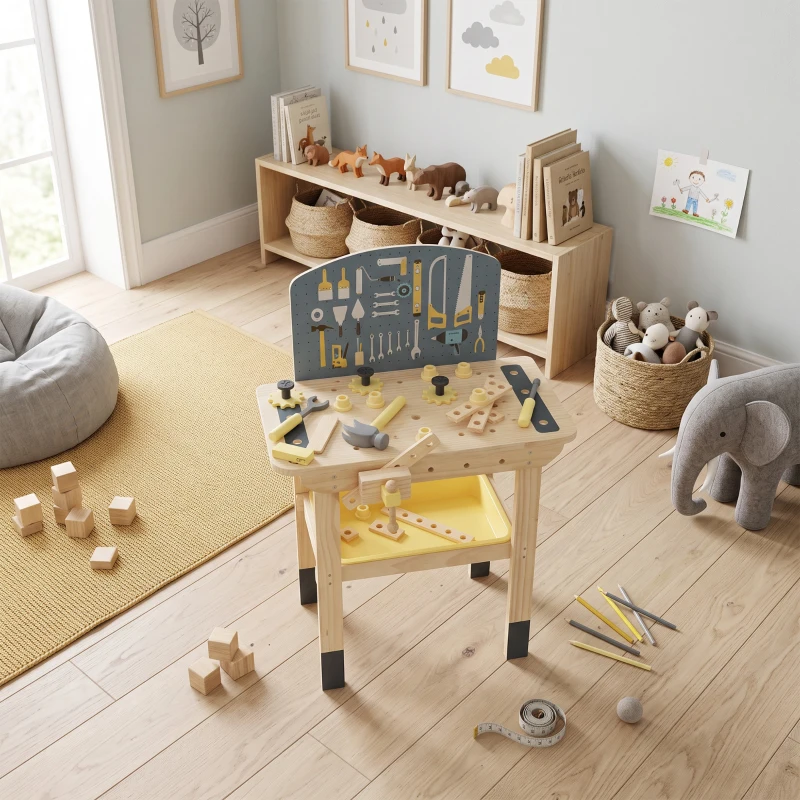 AIYAPLAY Établi en Bois pour Enfants avec 28 Accessoires, Boîte de Rangement, Établi d'Imitation dès 3 à 8 Ans, Naturel