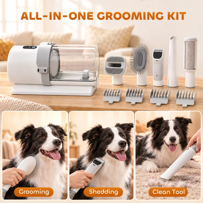 PawHut Dog Grooming Kit with 10Kpa Vacuum, 2.5L Dog Vacuum Groomer & Clipper, 5 in 1 Pet Grooming Kit, Low Noise 65dB