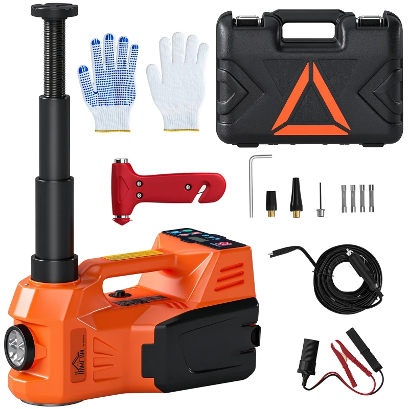 HOMCOM Kit de Gato Hidráulico Eléctrico 5T 12V 14,3-45 cm Luz LED Bomba Aire Llave Hexagonal Martillo Maletín Naranja