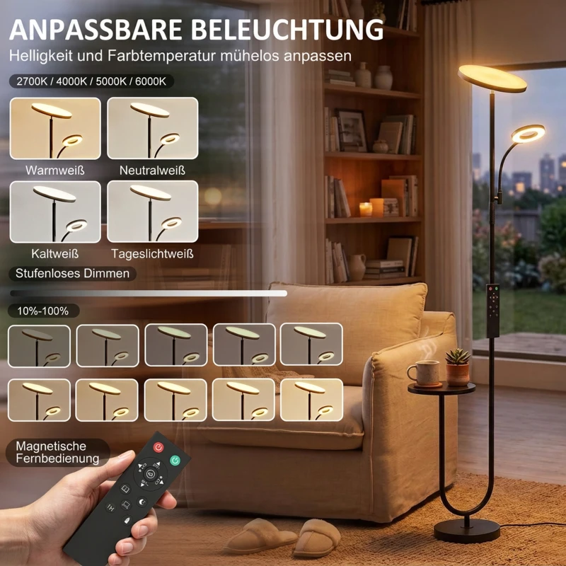 HOMCOM LED-Deckenfluter mit Ablagetisch und Leselampe, dimmbare Stehlampe mit Fernbedienung, 4 Farbtemperaturen