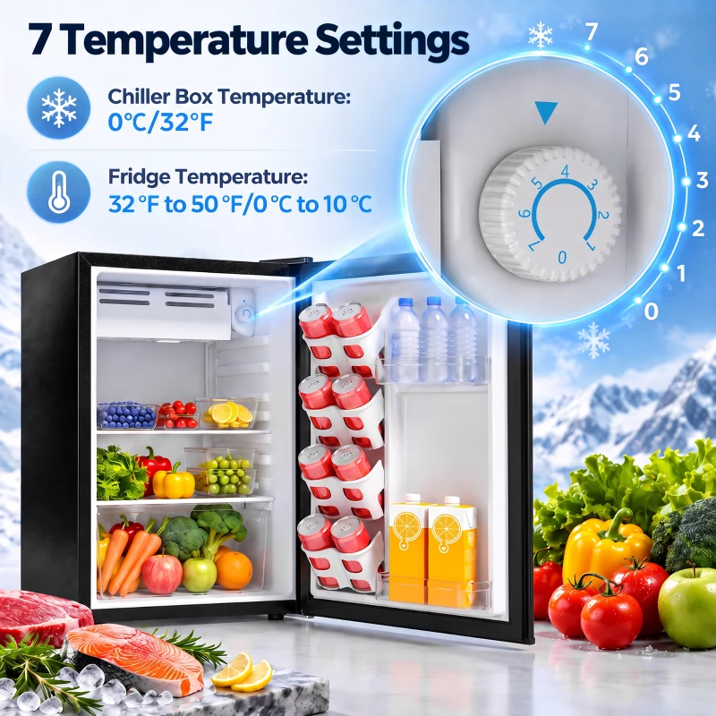 HOMCOM 73 L Mini Fridge with Chiller Box, Single Door Compact Refrigerator, Adjustable Thermostat, Reversible Door, Black