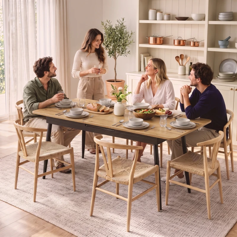 HOMCOM Masă extensibilă 130-160 cm, masă de bucătărie cu colţuri rotunjite, stejar