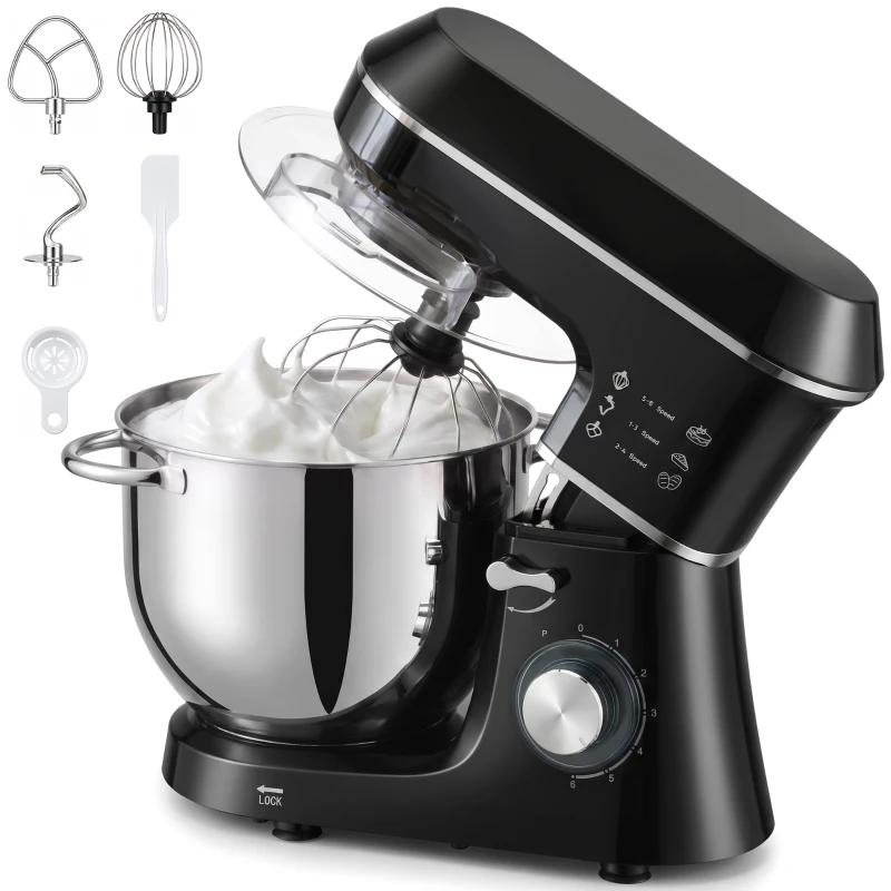 HOMCOM Robot Pâtissier 1400 W, Robot Pétrin Professionnel 7 L avec 6+P Vitesses, Crochet Pétrisseur, Noir