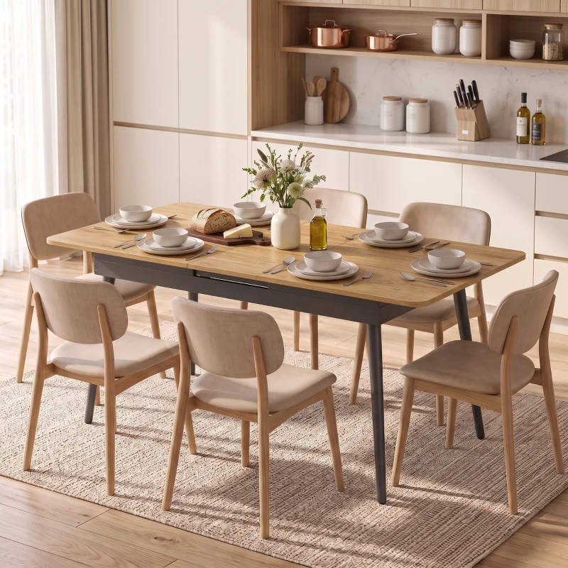 HOMCOM Masă extensibilă 130-160 cm, masă de bucătărie cu colţuri rotunjite, stejar