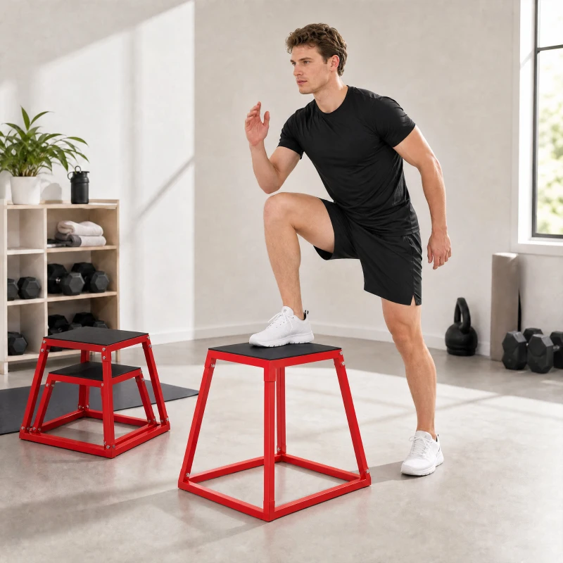 SPORTNOW Boîte Entraînement Pliométrique Trapézoïdale en Acier, 3 Plateformes de Saut Antidérapantes 30,5/45,8/61 cm, Rouge