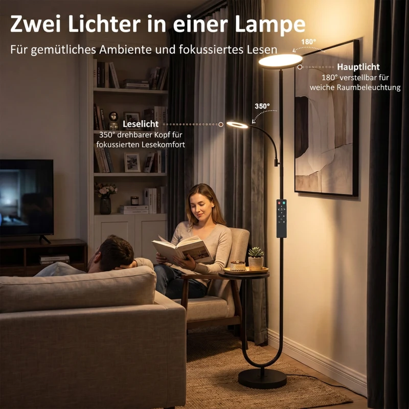 HOMCOM LED uplighter met bijzettafel en leeslamp, dimbare vloerlamp met afstandsbediening, 4 kleurtemperaturen