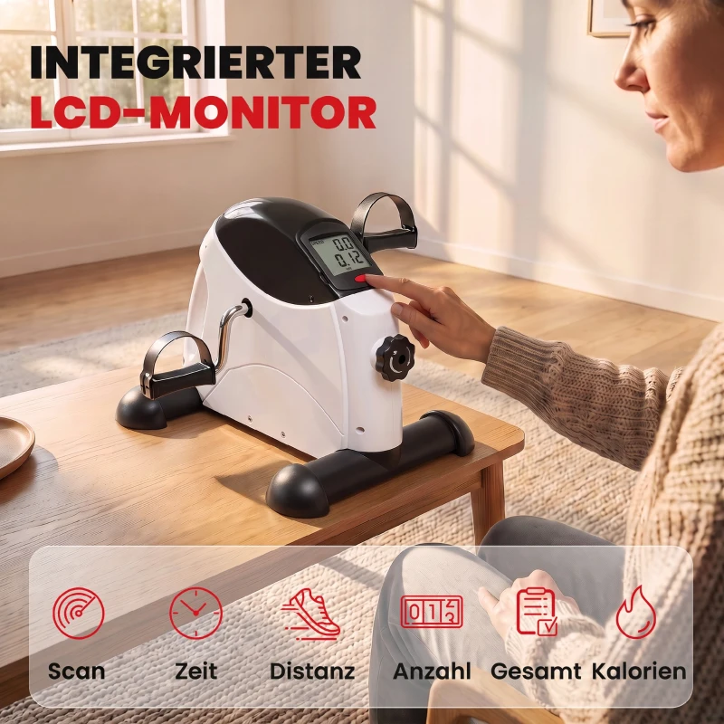 HOMCOM Mini Heimtrainer Fitnessbike Pedaltrainer mit LED Display 5 Modelle Arm und Beintrainer Fitnessgerät Hometrainer für Senioren Zuhause Heim Büro 40 x 39 x 29 cm Weiß