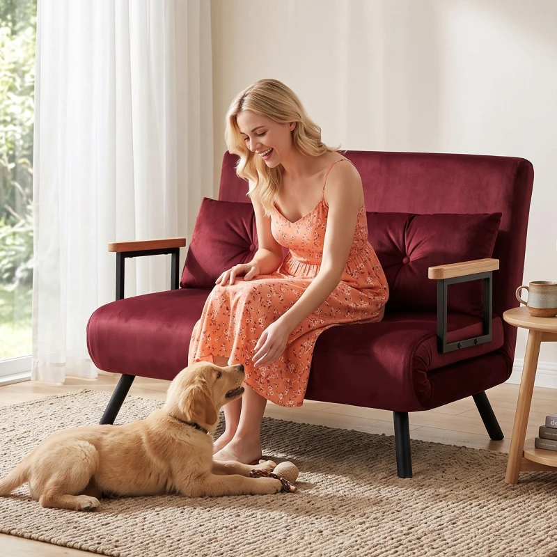 HOMCOM Sofá-Cama 3 em 1 em Tecido Efeito Veludo com Encosto Regulável e 2 Almofadas, 102x73x81 cm, Vinho