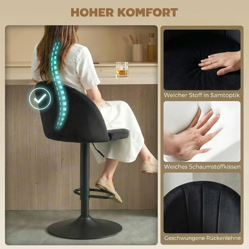 HOMCOM Barhocker 2er Set Drehbar Barstuhl mit Fußstütze, Rückenlehne, für Küche, Wohnzimmer, Esszimmer, Schwarz