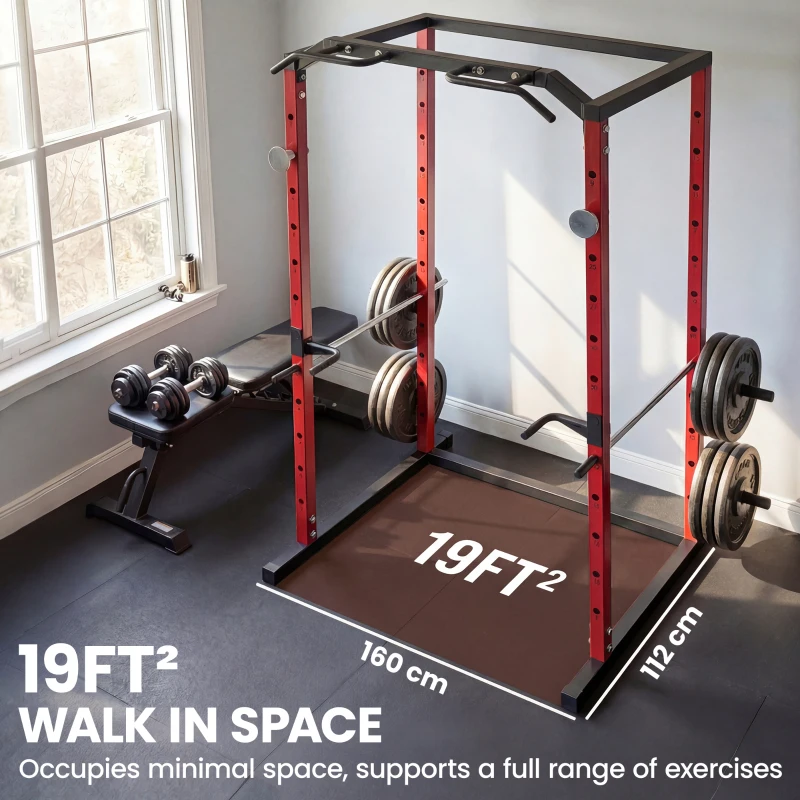 SPORTNOW Station de Musculation Multifonction Acier Charge 460 kg, Barre de Traction, Rack de Squat, Dips, 160x112x215cm, Rouge