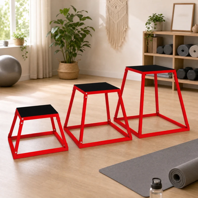 SPORTNOW Boîte Entraînement Pliométrique Trapézoïdale en Acier, 3 Plateformes de Saut Antidérapantes 30,5/45,8/61 cm, Rouge