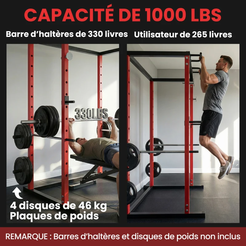 SPORTNOW Station de Musculation Multifonction Acier Charge 460 kg, Barre de Traction, Rack de Squat, Dips, 160x112x215cm, Rouge