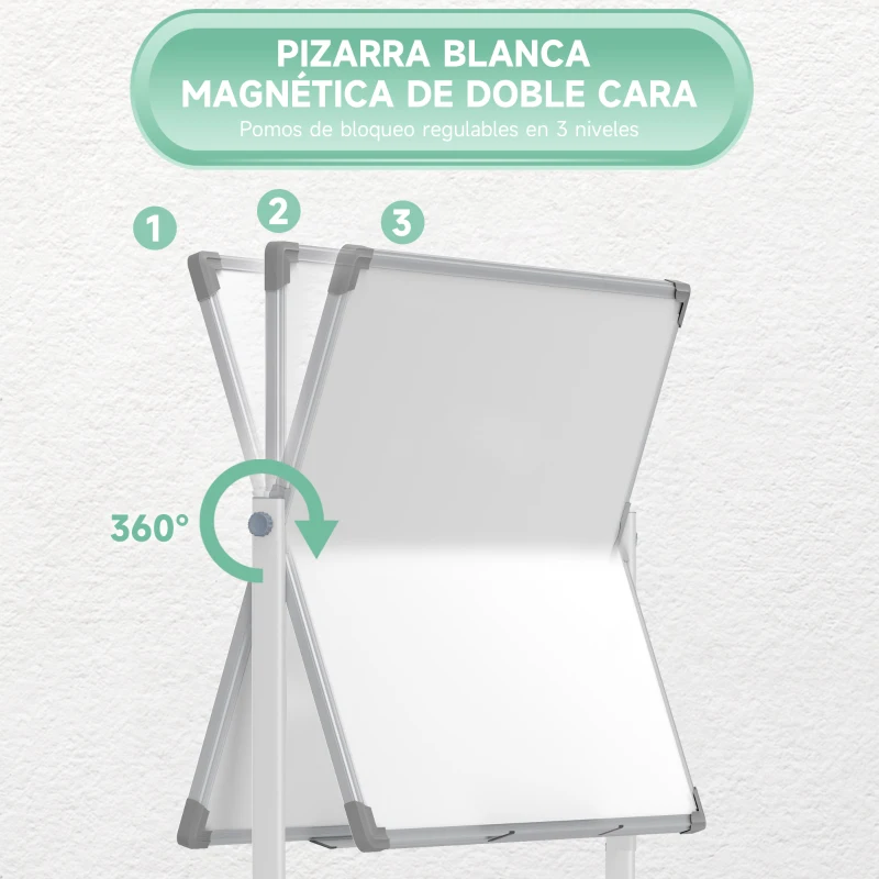 HOMCOM Pizarra Blanca Móvil de Doble Cara Magnética 120x90 cm con Soporte y Tablero Inclinado en 3 Niveles 127x50x165 cm Blanco