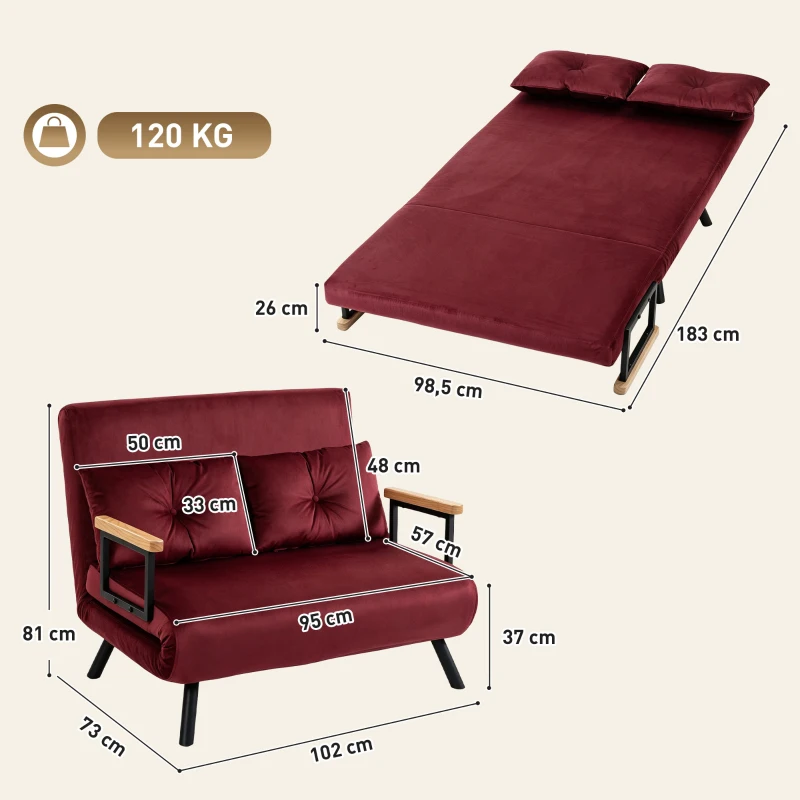 HOMCOM Sofá-Cama 3 em 1 em Tecido Efeito Veludo com Encosto Regulável e 2 Almofadas, 102x73x81 cm, Vinho