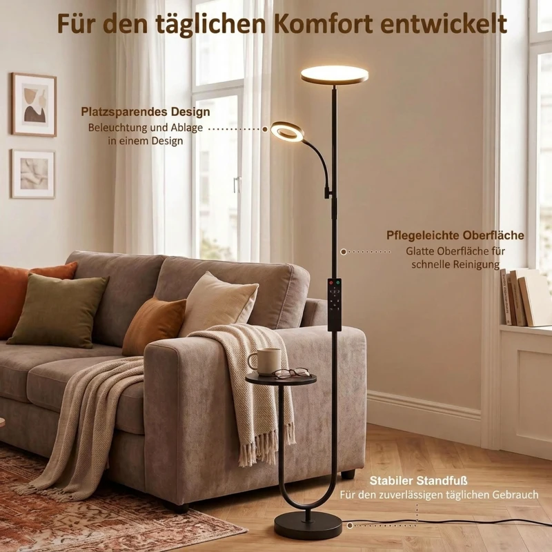 HOMCOM LED-Deckenfluter mit Ablagetisch und Leselampe, dimmbare Stehlampe mit Fernbedienung, 4 Farbtemperaturen