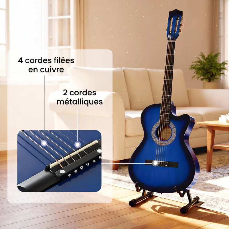 HOMCOM Pack guitare électrique kit guitare électrique avec sac, sangle, corde, médiators, câble, 96,5x35,8x8,5cm, bleu et noir
