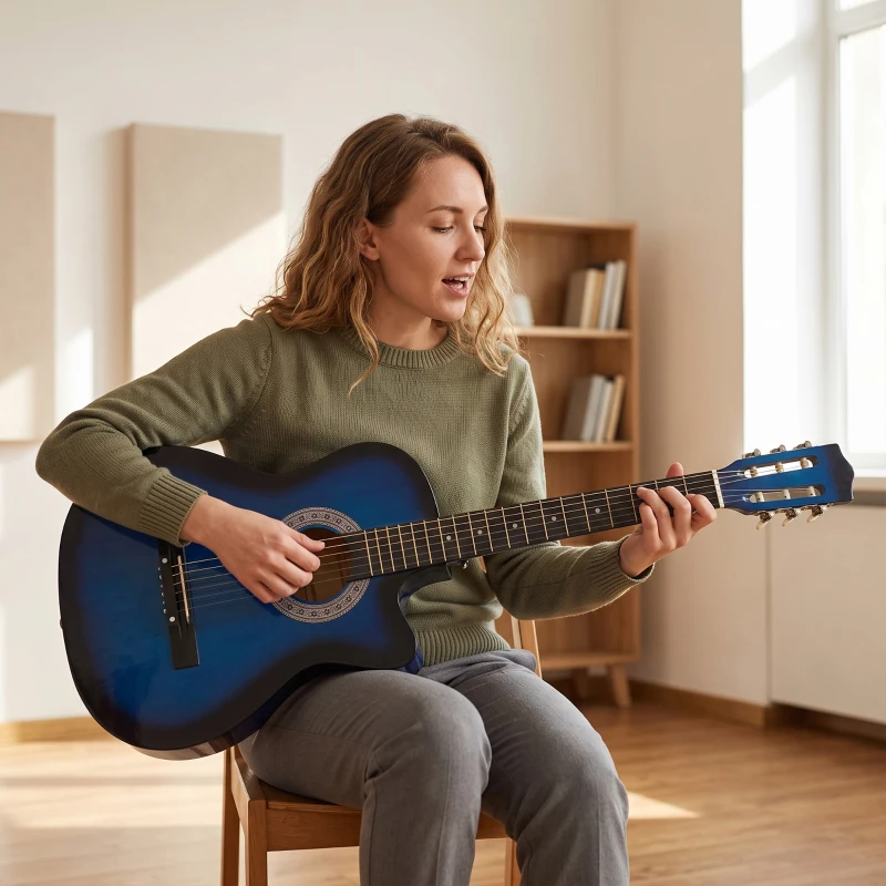 HOMCOM 38 Inch Full Size Acoustic Electric Guitar, Classical Beginner Junior Adult Guitar Gloss Finish with Carrying Case, Strap, Picks, Spare Strings - Blue