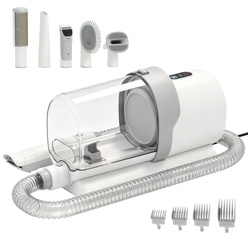 PawHut Kit de Toaletare pentru Câini și Pisici 5 în 1, cu Aspirator 10 kPa, Mașină de Tuns și Perie, Recipient 2,5 L, 3 Viteze, Silențios