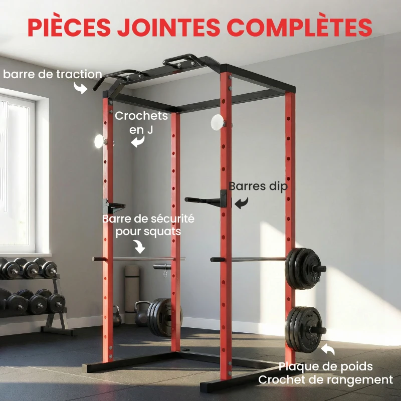 SPORTNOW Station de Musculation Multifonction Acier Charge 460 kg, Barre de Traction, Rack de Squat, Dips, 160x112x215cm, Rouge