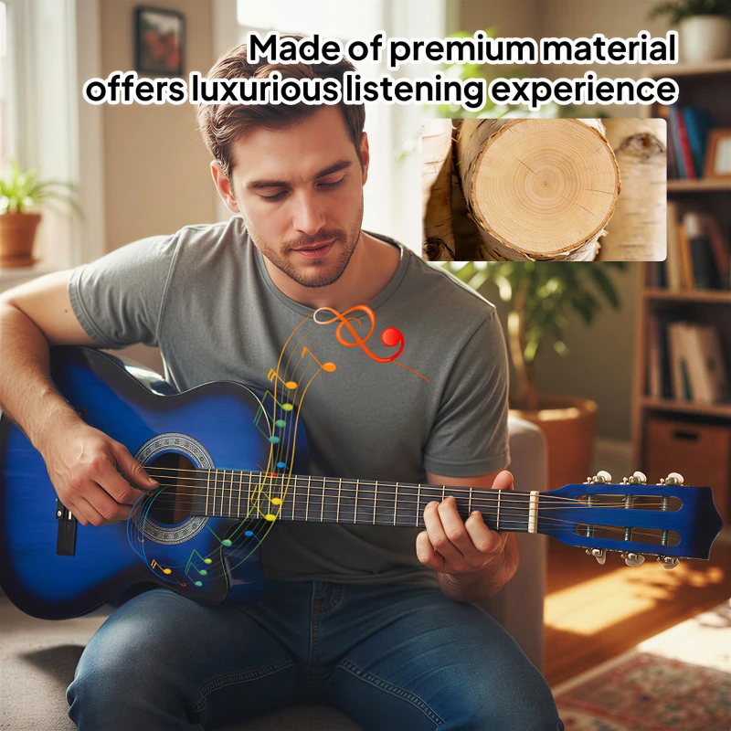 HOMCOM 38 Inch Full Size Acoustic Electric Guitar, Classical Beginner Junior Adult Guitar Gloss Finish with Carrying Case, Strap, Picks, Spare Strings - Blue