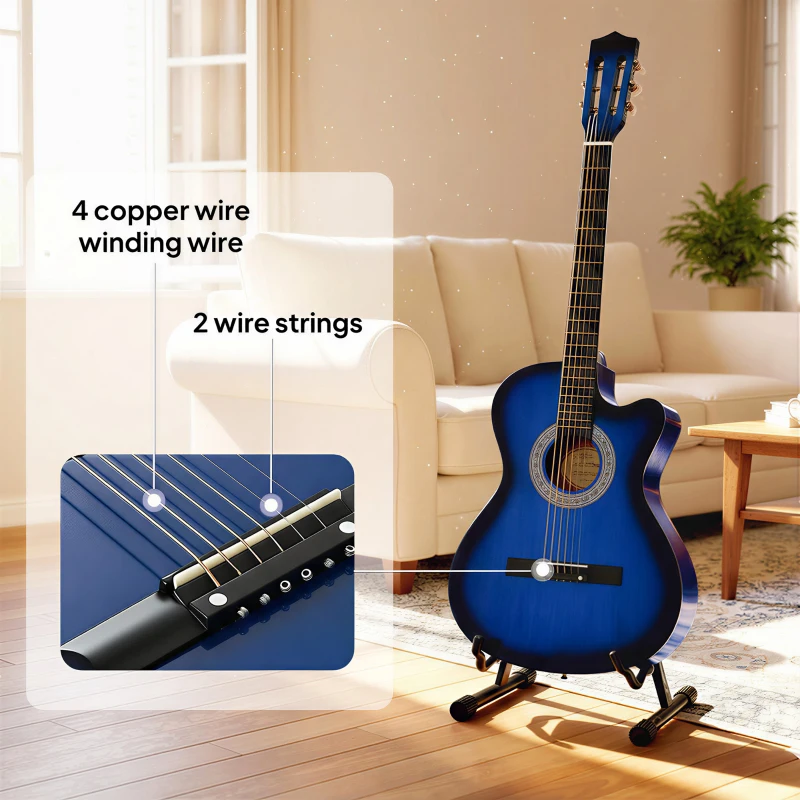 HOMCOM 38 Inch Full Size Acoustic Electric Guitar, Classical Beginner Junior Adult Guitar Gloss Finish with Carrying Case, Strap, Picks, Spare Strings - Blue