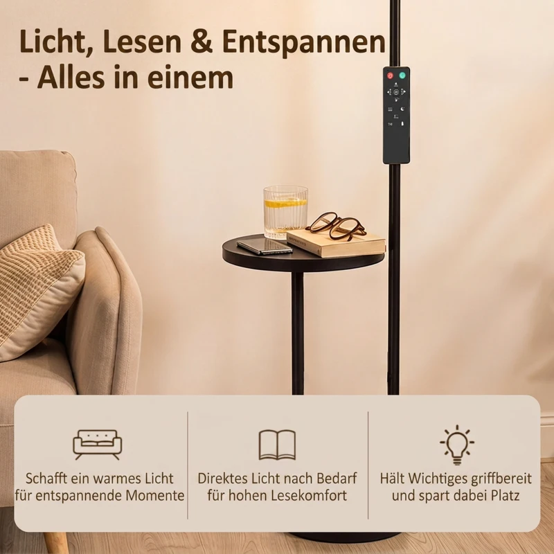 HOMCOM LED-Deckenfluter mit Ablagetisch und Leselampe, dimmbare Stehlampe mit Fernbedienung, 4 Farbtemperaturen