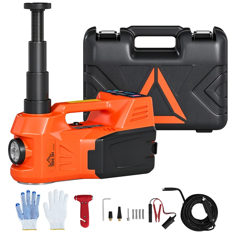 HOMCOM Cric Hydraulique Électrique 5T, 12V, 143-450 mm, Lumière LED, Pompe Gonflable, Allume-Cigare, 34,3x25,5x17,3cm, Orange