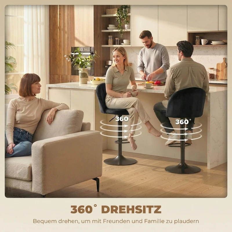 HOMCOM Barhocker 2er Set Drehbar Barstuhl mit Fußstütze, Rückenlehne, für Küche, Wohnzimmer, Esszimmer, Schwarz