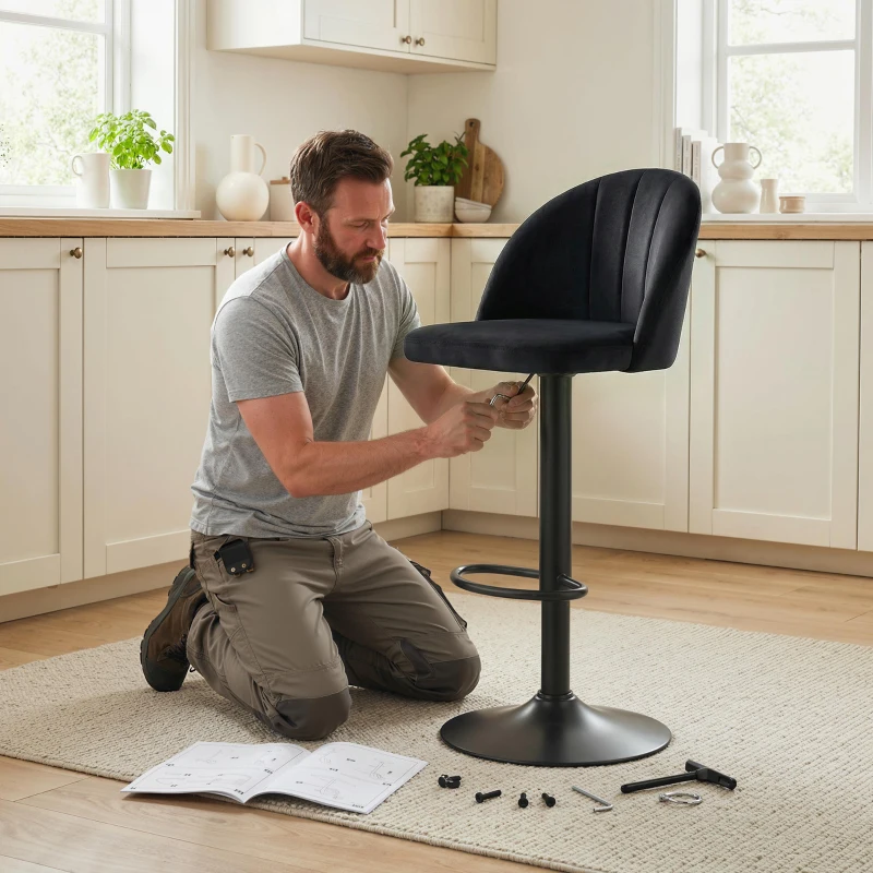 HOMCOM Barhocker 2er Set Drehbar Barstuhl mit Fußstütze, Rückenlehne, für Küche, Wohnzimmer, Esszimmer, Schwarz