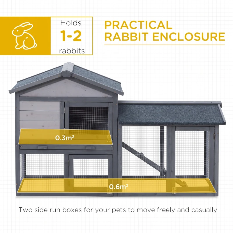 PawHut Wooden Rabbit Hutch Outdoor, Double Tier with Water-Resistant Roof, Ramp 147 x 54 x 84 cm, Grey