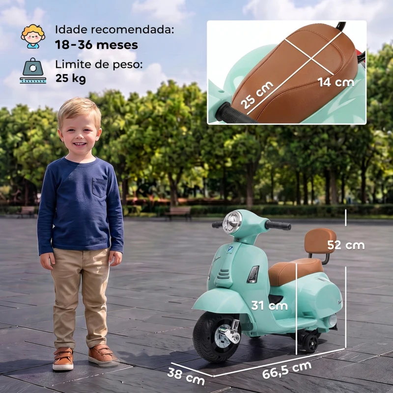 AIYAPLAY Mota Elétrica Infantil Mini Vespa GTS com 2 Rodas Auxiliares, Bateria de Lítio, Farol, Buzina e Encosto, Verde
