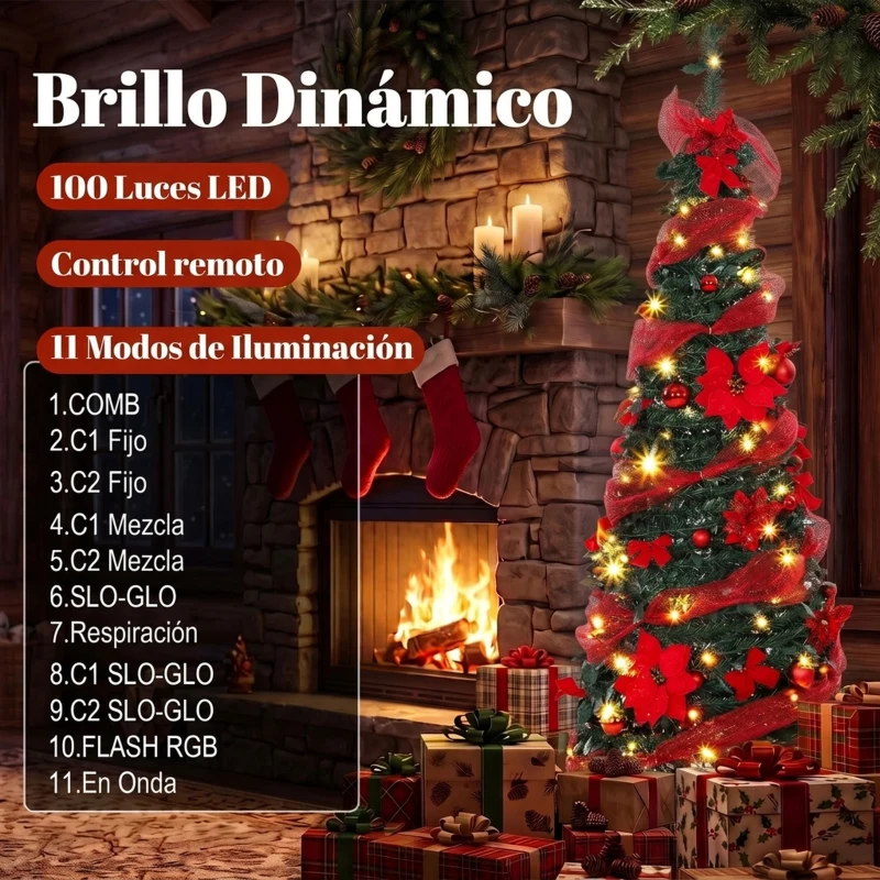 HOMCOM Árbol de Navidad Artificial 150 cm con 100 Luces LED 150 Ramas 11 Modos Bolas, Cintas Soporte Plegable Verde y Rojo