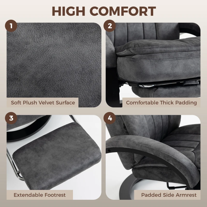 HOMCOM Swivel Recliner Chair, Velvet Recliner Armchair with Retractable Footrest, Dual-Layer Cushion, High Back, Dark Grey