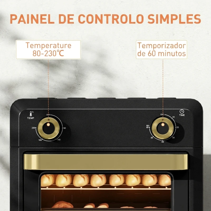 HOMCOM Forno com Air Fryer 10 L com 2 Botões, Convecção 360°, até 230 °C, Temporizador 60 Min, Tabuleiro e Cesto