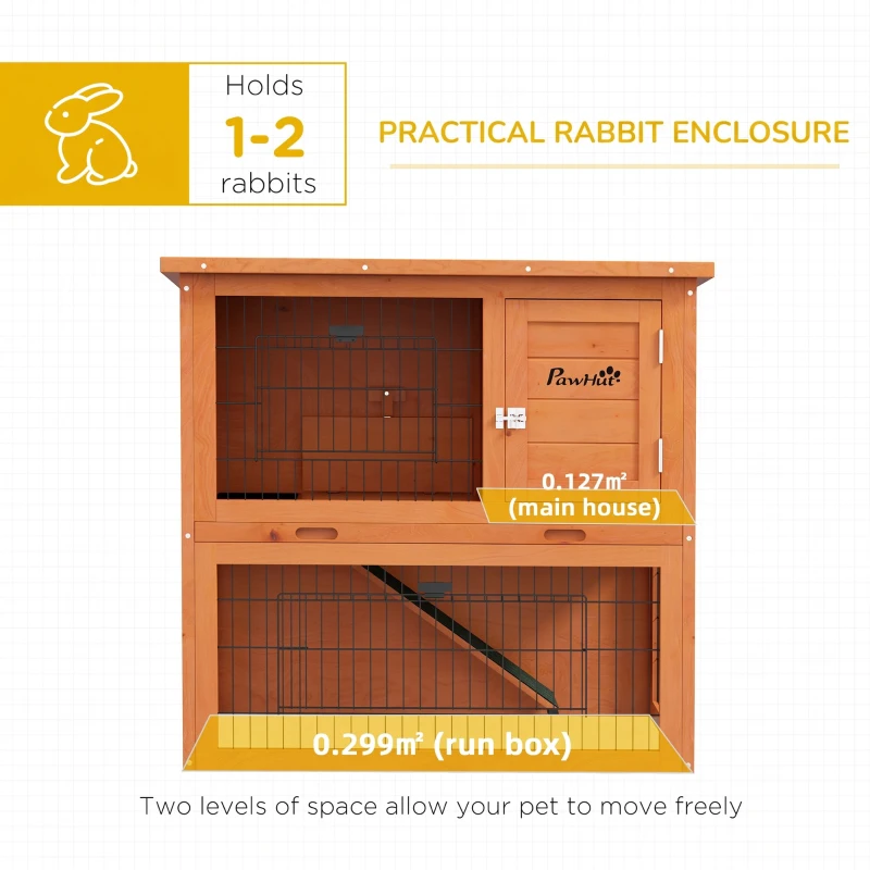 PawHut Two-Tier Antiseptic Wood Rabbit Hutch, 80cm Guinea Pig Hutch with Run - Orange