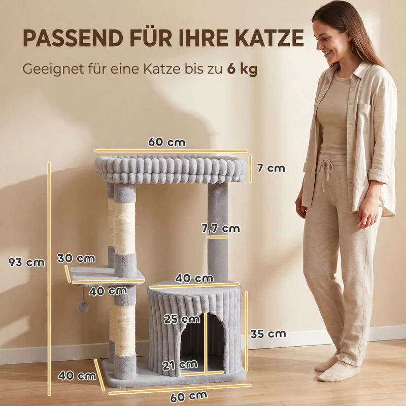 PawHut Arbre à chat, 93 cm arbre à griffer 3 niveaux avec poteaux en sisal, cachette cosy, grande surface de repos, plateforme, jusqu'à 6 kg