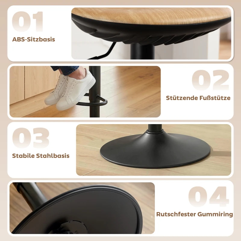HOMCOM Barhocker 2er Set Drehbar Barstuhl mit Fußstütze Höhenverstellbar Tresenhocker mit Holzoptik, für Küche, Eiche
