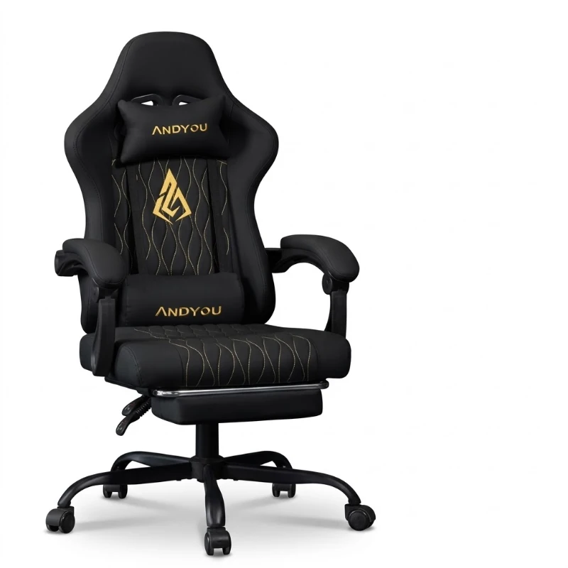 Sedia da gaming con poggiapiedi, morbido cuscino per collo e lombare, cuscini di supporto rimovibili, 60x60x122 cm, Nero