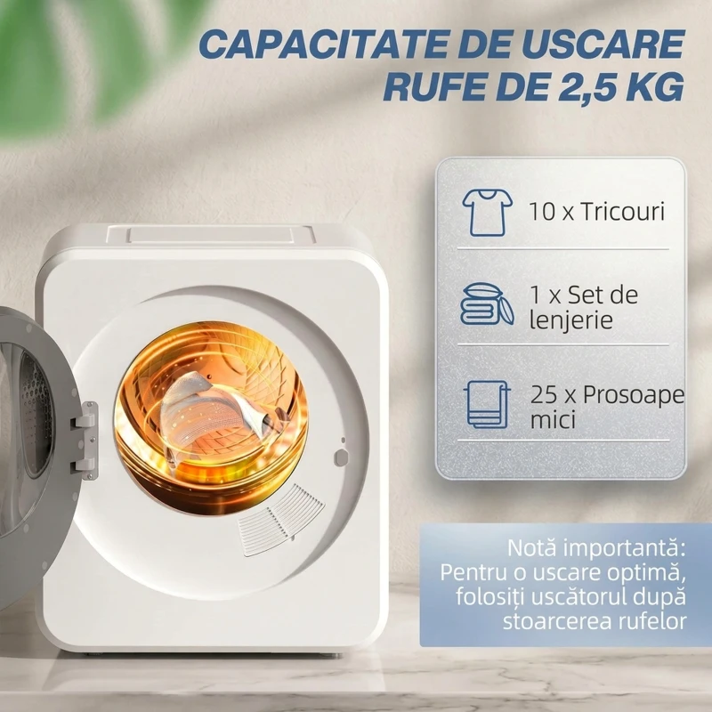 HOMCOM Mini Uscător de Rufe Portabil, 4 kg, Display LED, Compact 800W, ABS,  Tambur din Oțel Inoxidabil, Alb